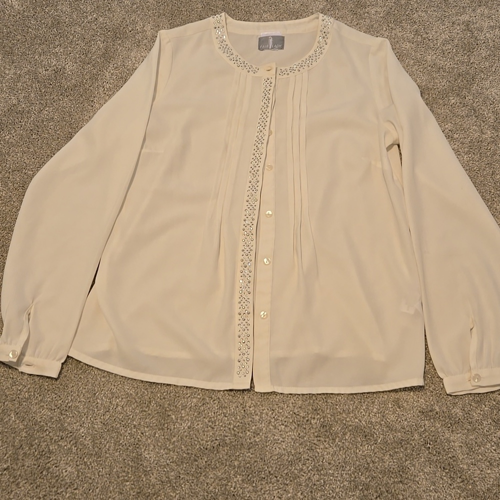 Fair Lady Women's Button Up Blouse White Size S/M With Silver Rhinestones